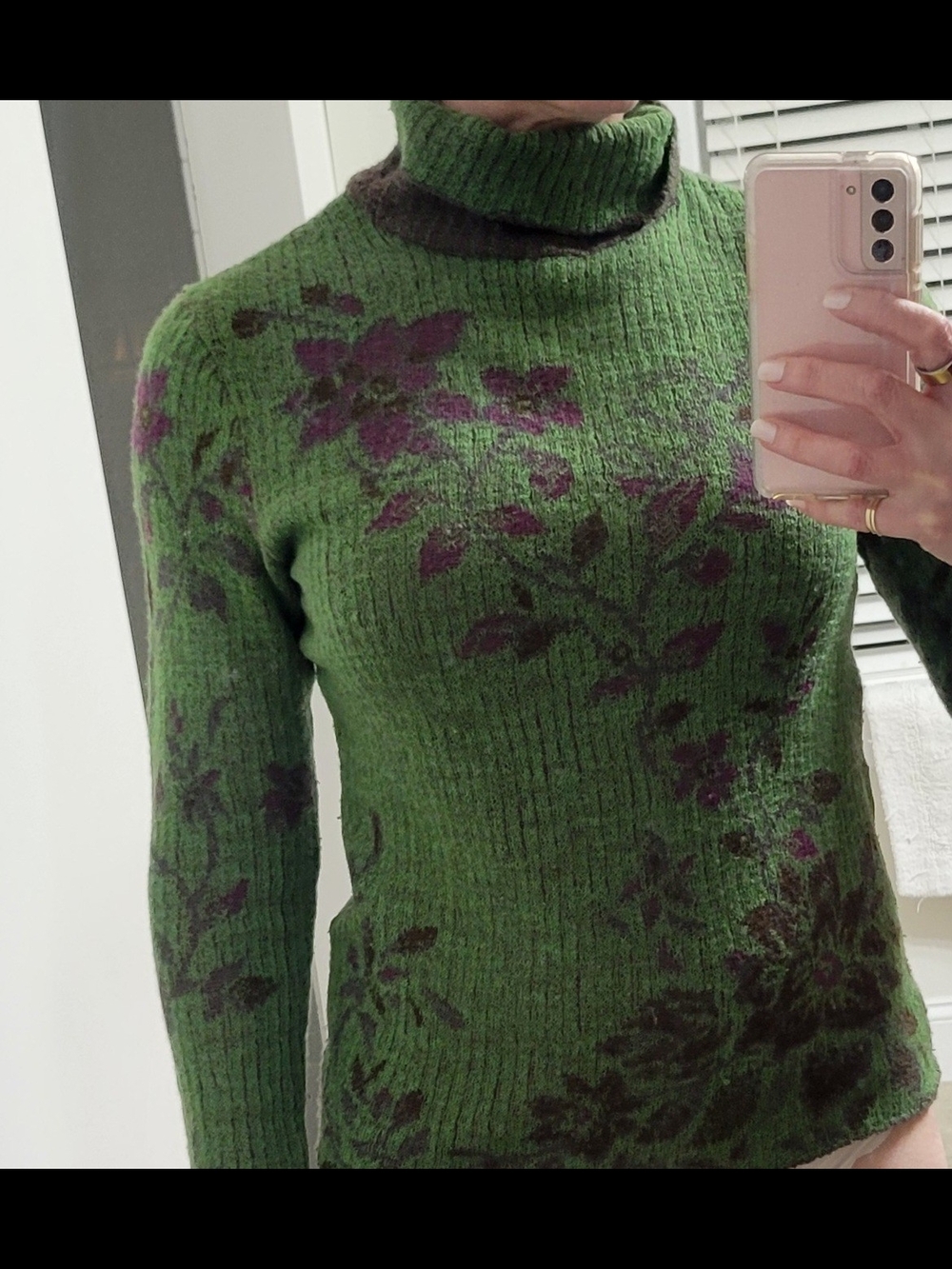 Green Turtleneck Sweater with Purple Floral Accents